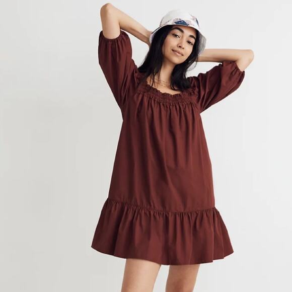 NWT MADEWELL Poplin Mini Dress Maroon Burnt Smocked Neck Small - Picture 1 of 5